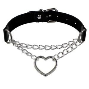 Heart choker necklace adjustable black leather buckle strap .